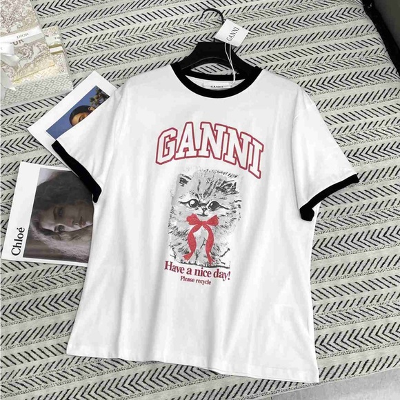 Ganni Tops - Ganni White Tee with Cat and Red Text